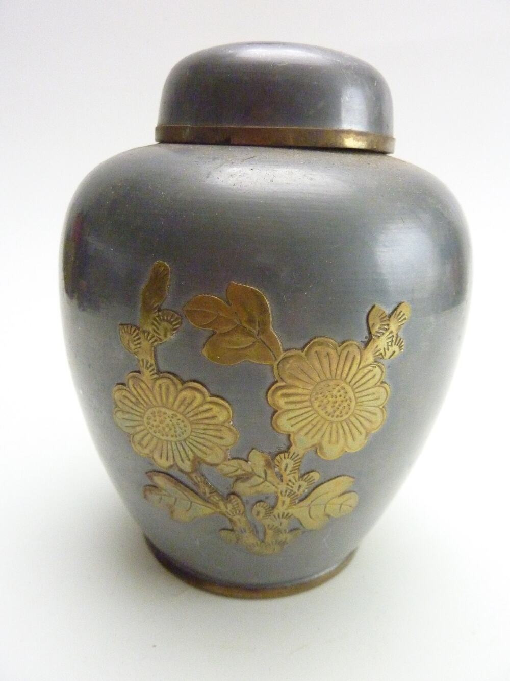 Vintage Pewter Brass Ginger Jar Cherry Blossoms